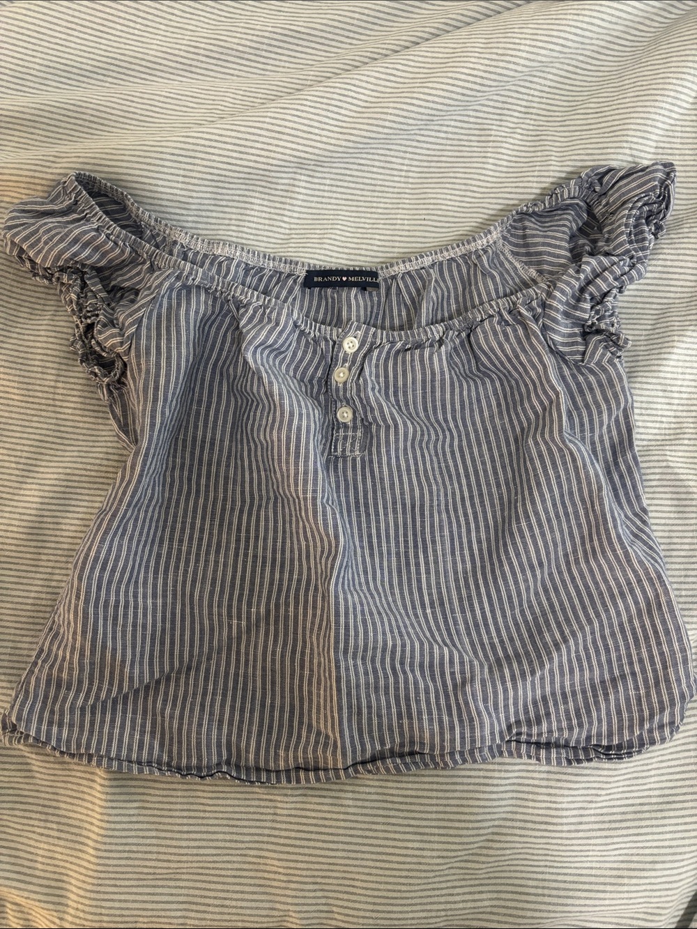 Brandy Melville Blue Striped Off-Shoulder Ruffle Top